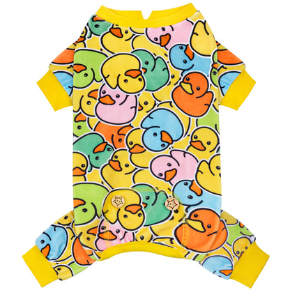 Dog onesie pajamas with duck pattern, yellow trim and short sleeves
