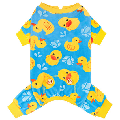 Yellow duck-print dog onesie pajama with belly appliques and ribbed cuffs
