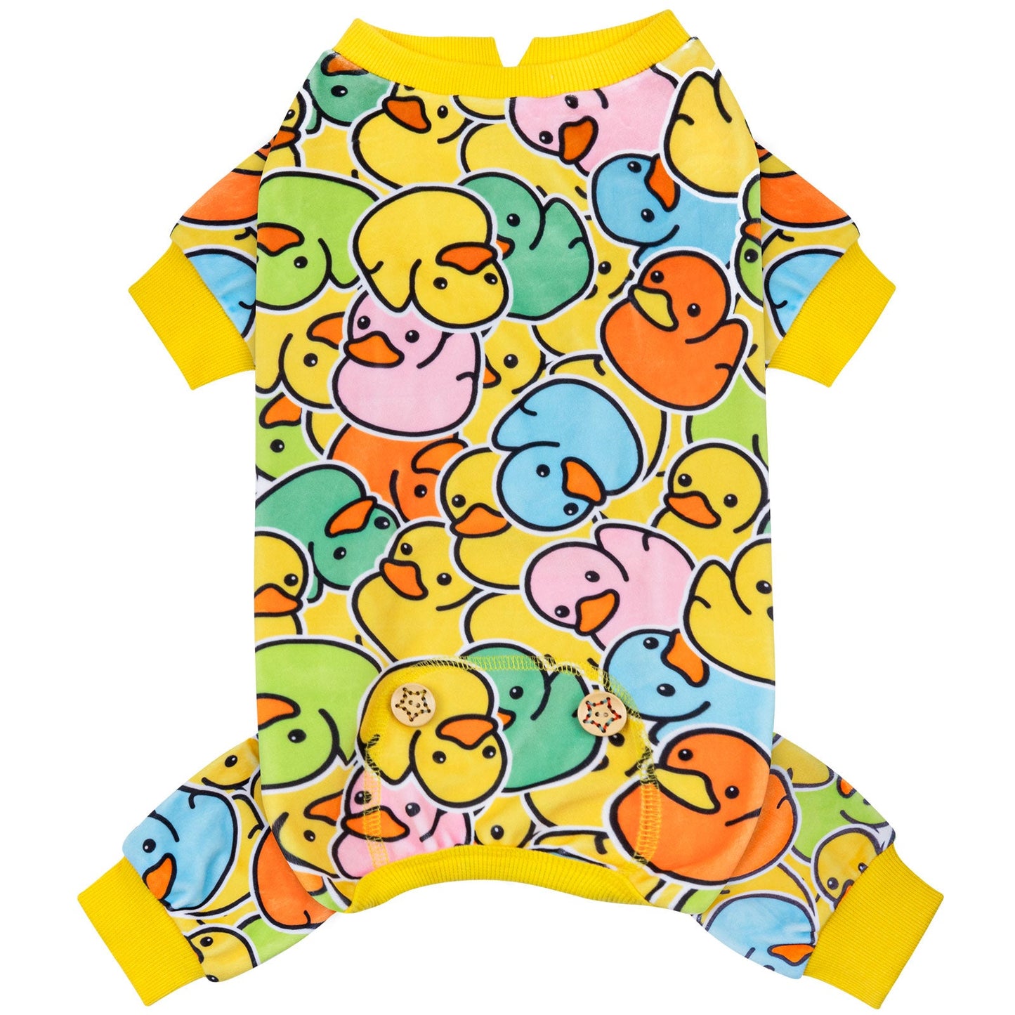 Dog onesie pajamas with duck pattern, yellow trim and short sleeves