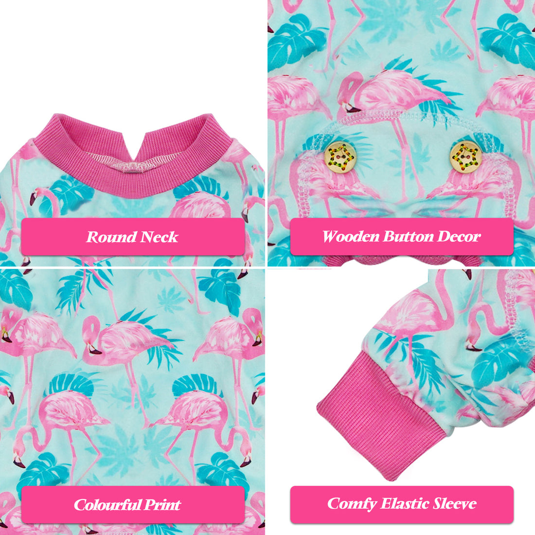Flamingo print dog onesie pajamas showing round neck, wooden button decor, and elastic sleeves