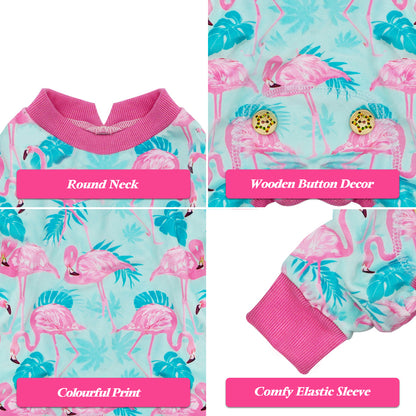 Flamingo print dog onesie pajamas showing round neck, wooden button decor, and elastic sleeves