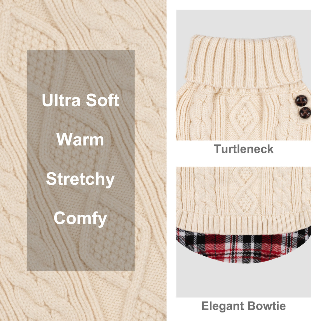 Creamy white cable knit turtleneck dog sweater with buttoned collar and plaid hem
