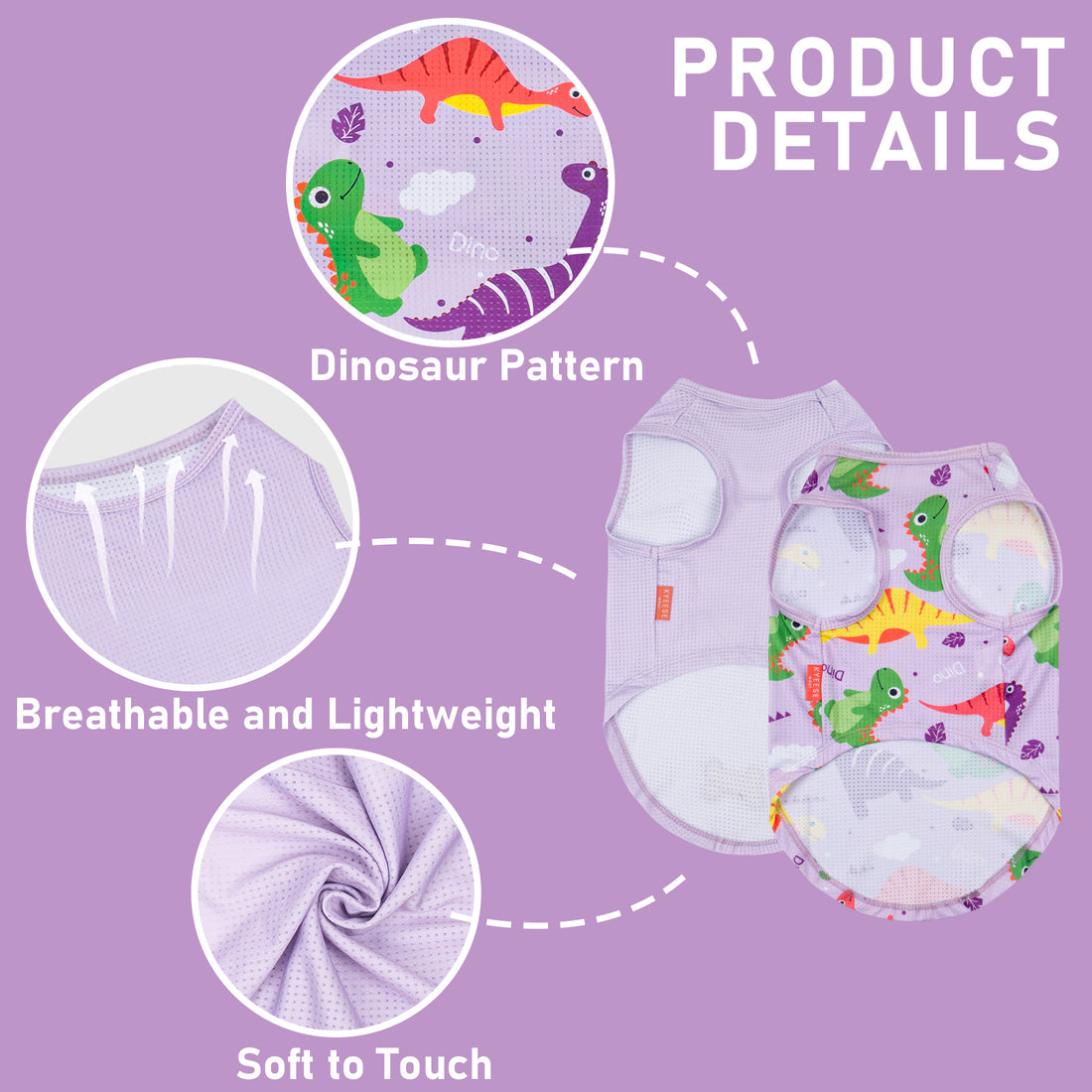 Purple mesh dinosaur dog shirt with breathable cutouts and soft texture