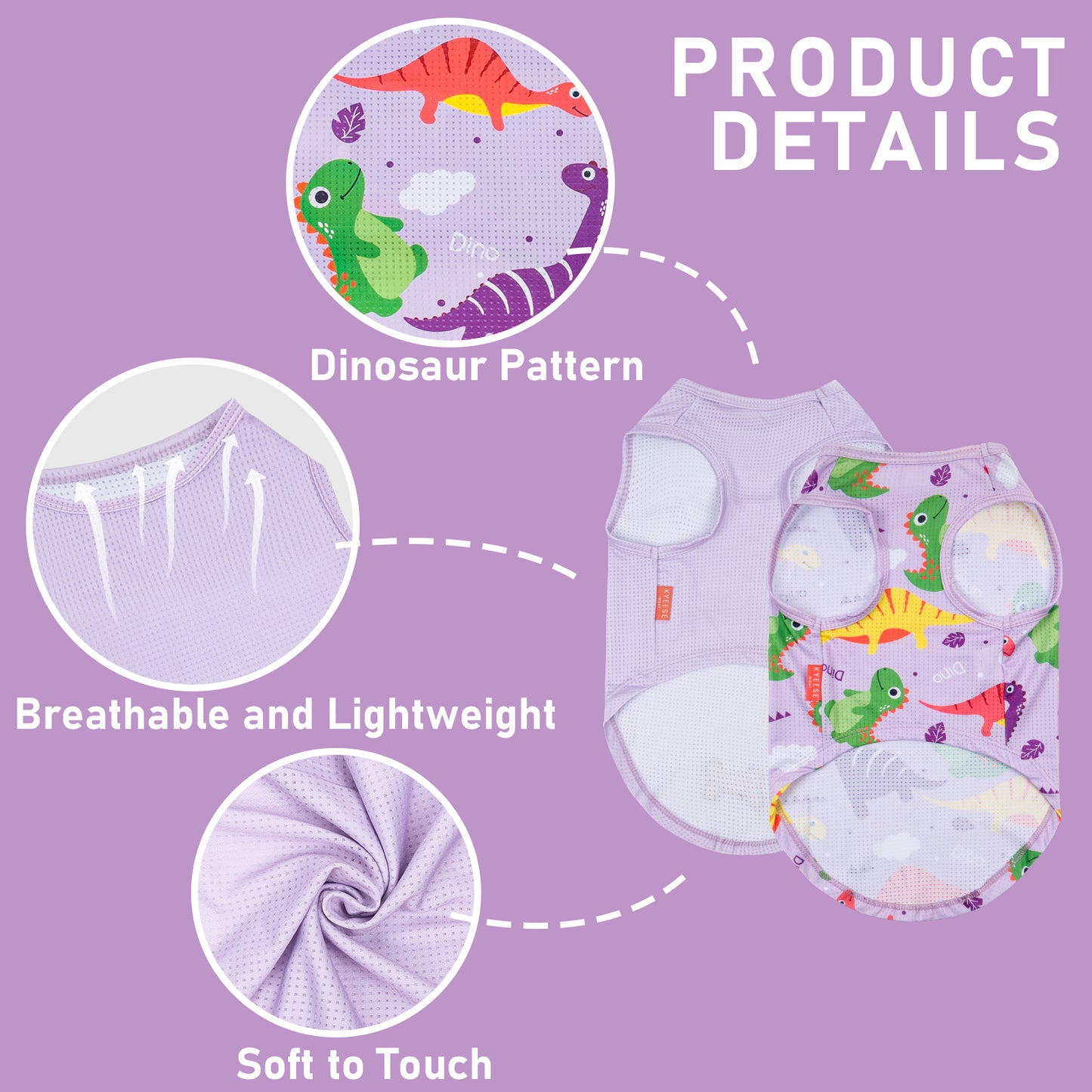 Purple mesh dinosaur dog shirt with breathable cutouts and soft texture