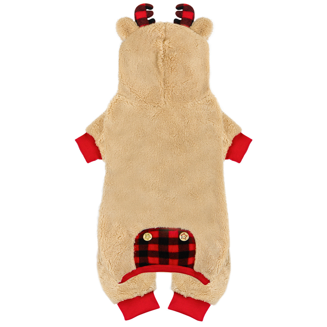 Tan fleece dog onesie front view with reindeer antler hood and plaid belly pocket