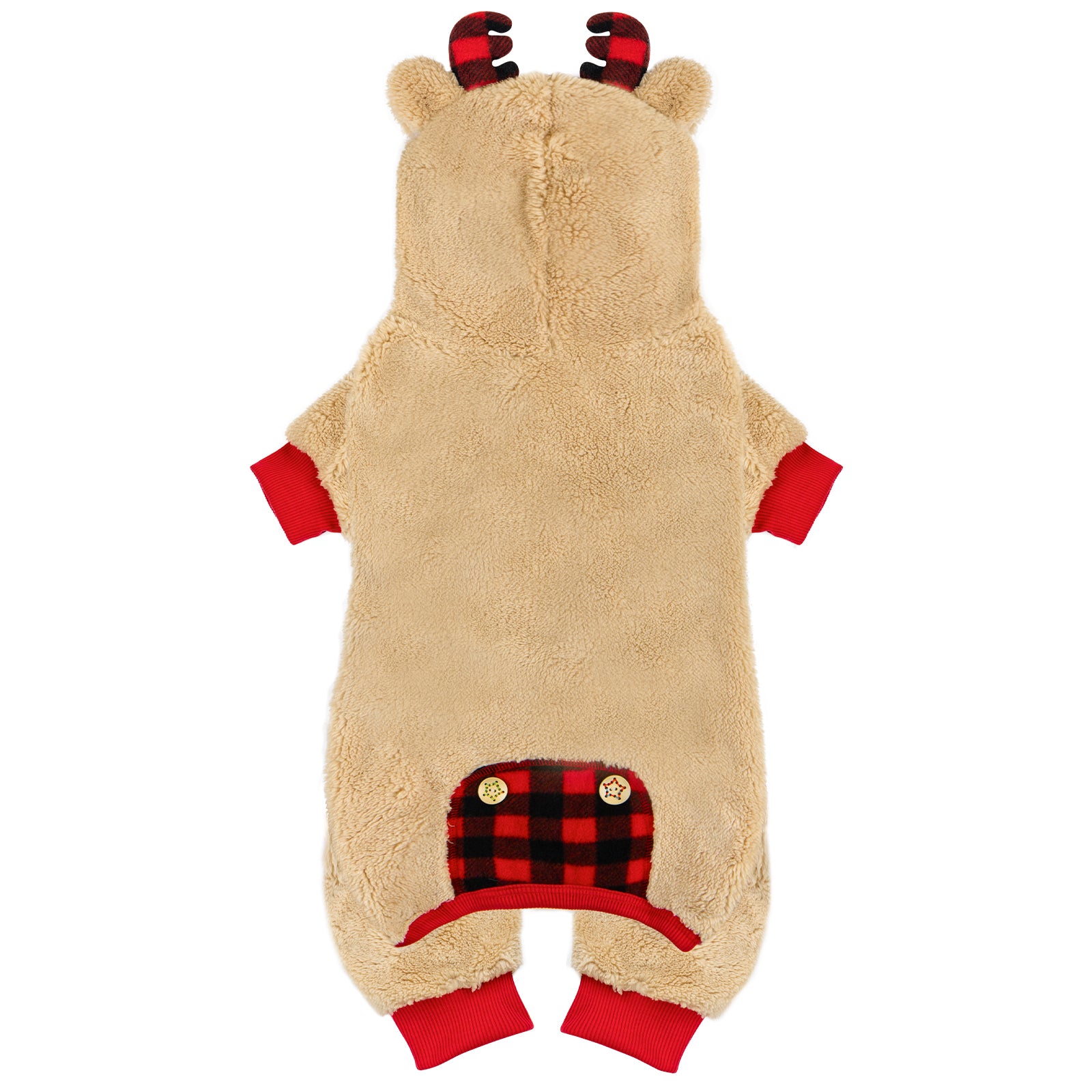 Tan fleece dog onesie front view with reindeer antler hood and plaid belly pocket