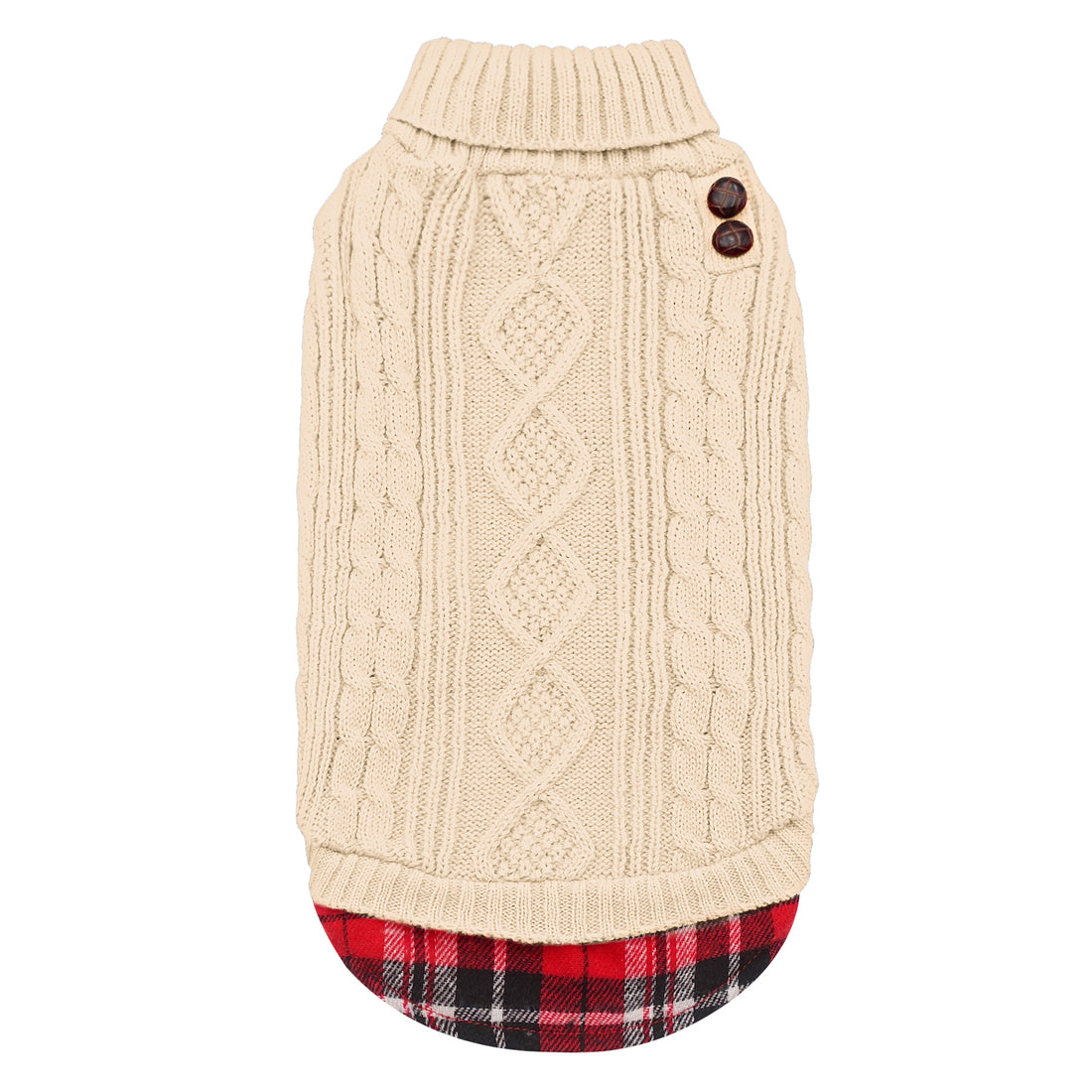 Creamy white knit turtleneck dog sweater with cable texture and button detail