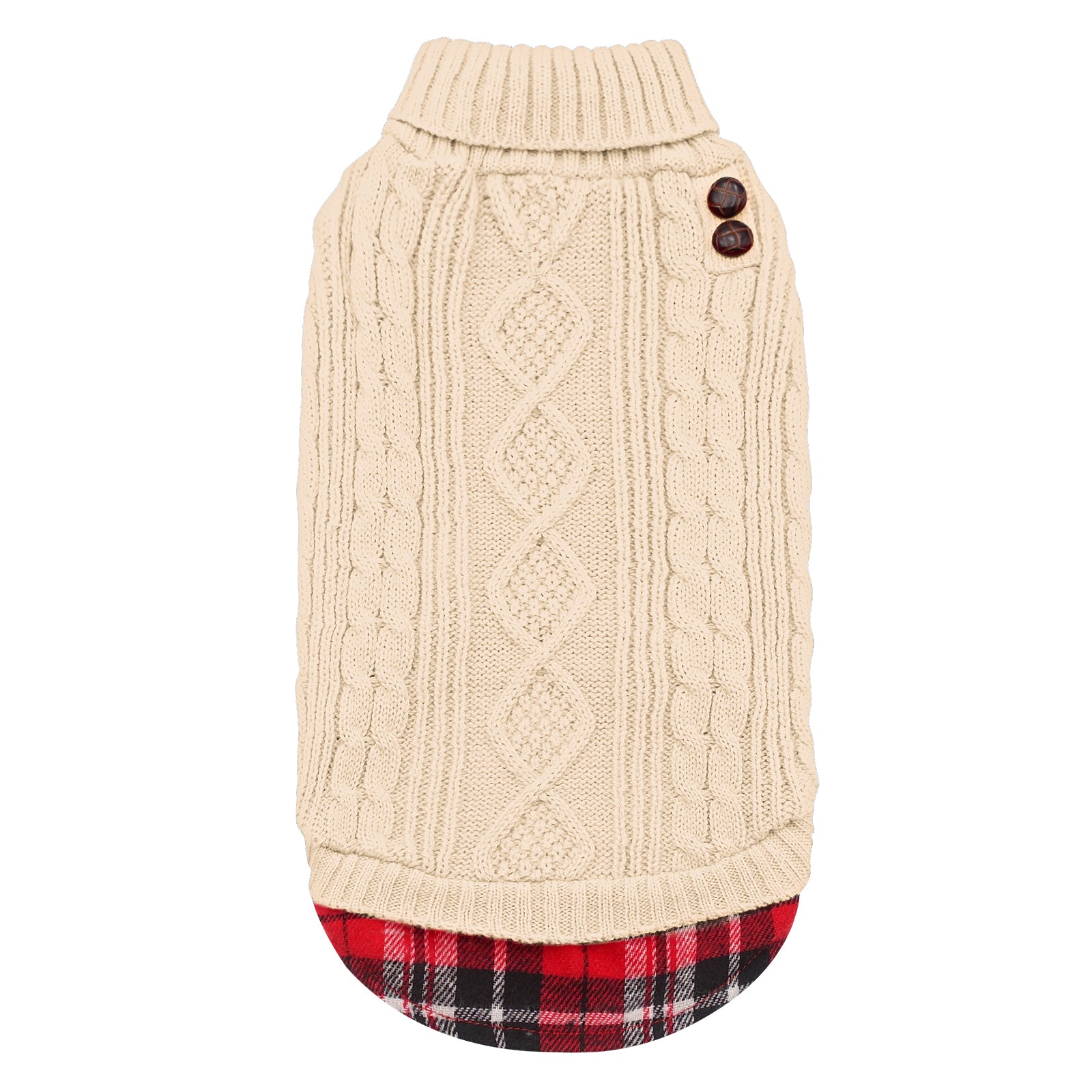 Creamy white knit turtleneck dog sweater with cable texture and button detail