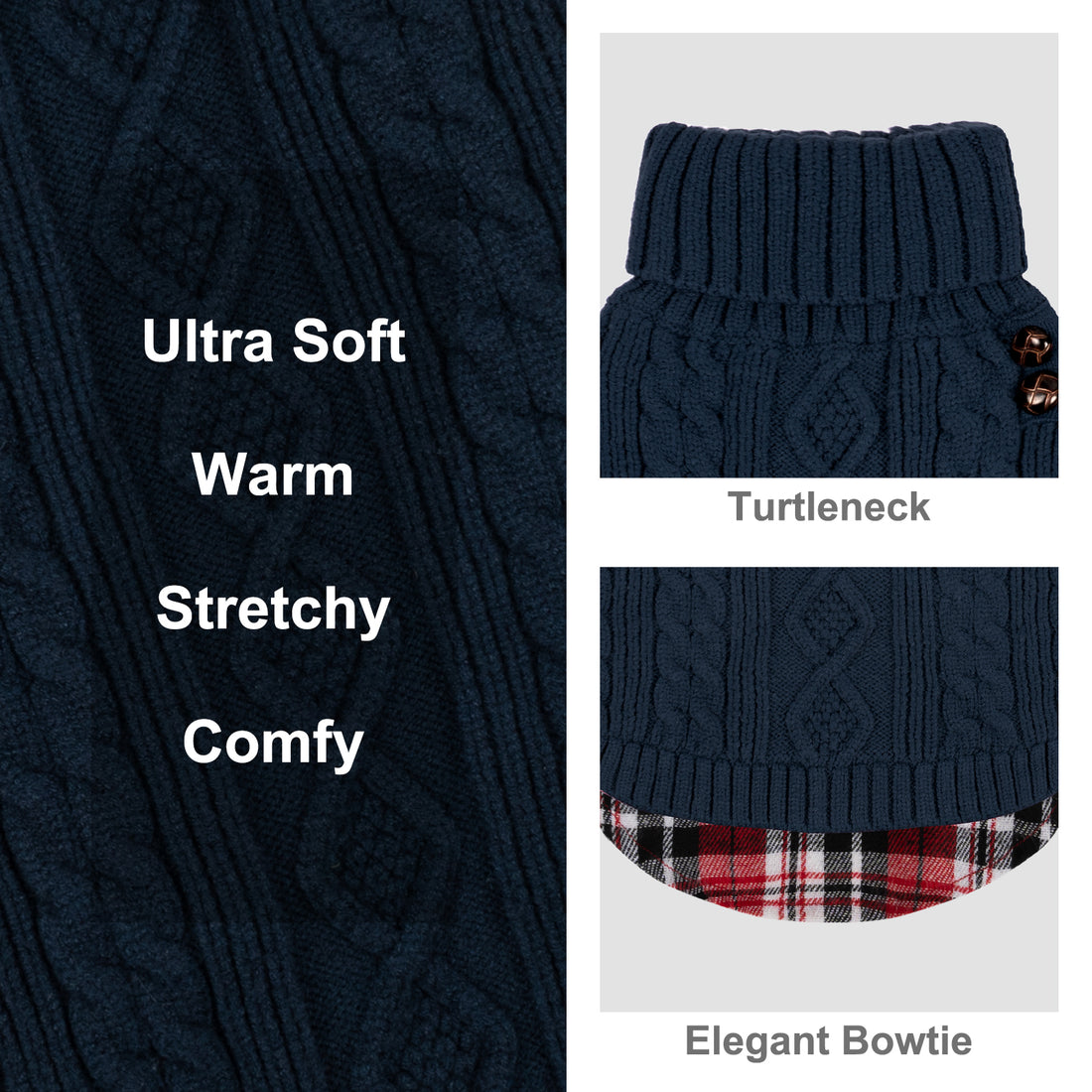 Navy blue cable knit turtleneck dog sweater with buttoned collar and plaid trim