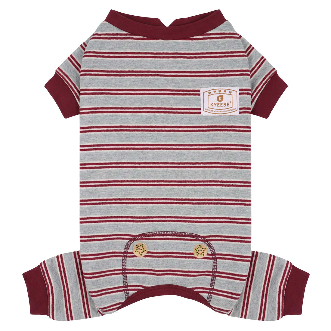 Gray and burgundy striped dog pajamas with short sleeves and back leg cuffs, flat lay
