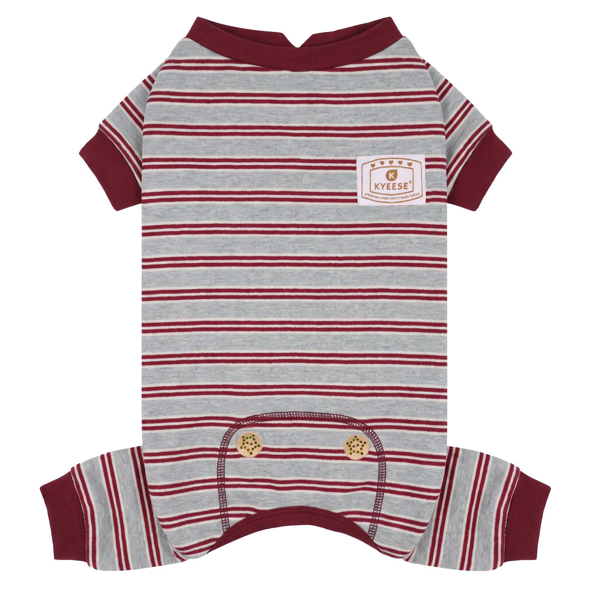 Gray and burgundy striped dog pajamas with short sleeves and back leg cuffs, flat lay