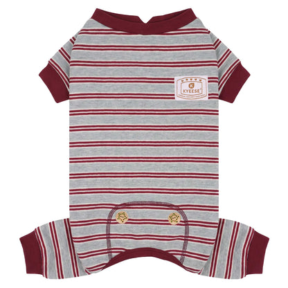 Gray and burgundy striped dog pajamas with short sleeves and back leg cuffs, flat lay