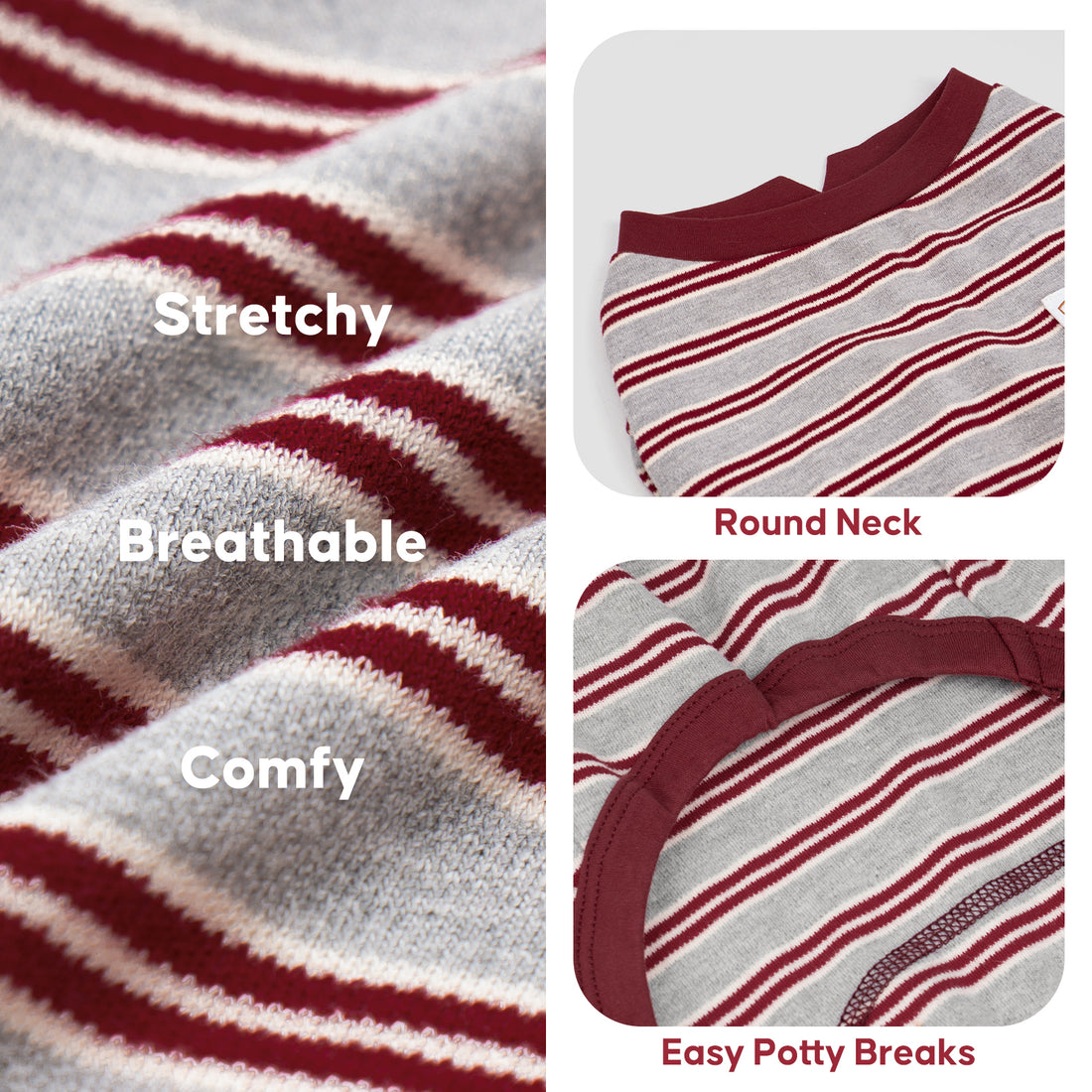 Gray striped fabric, burgundy round neck and open underside details
