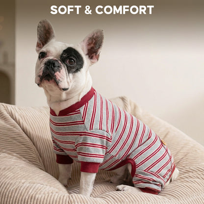 Black and white French bulldog sitting on bed in gray and burgundy striped pajamas
