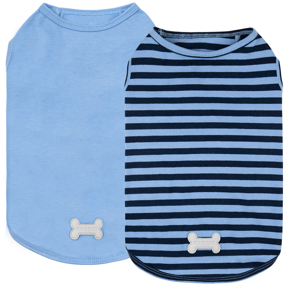 Light blue solid and navy striped sleeveless dog shirts with white bone patch, 2-pack