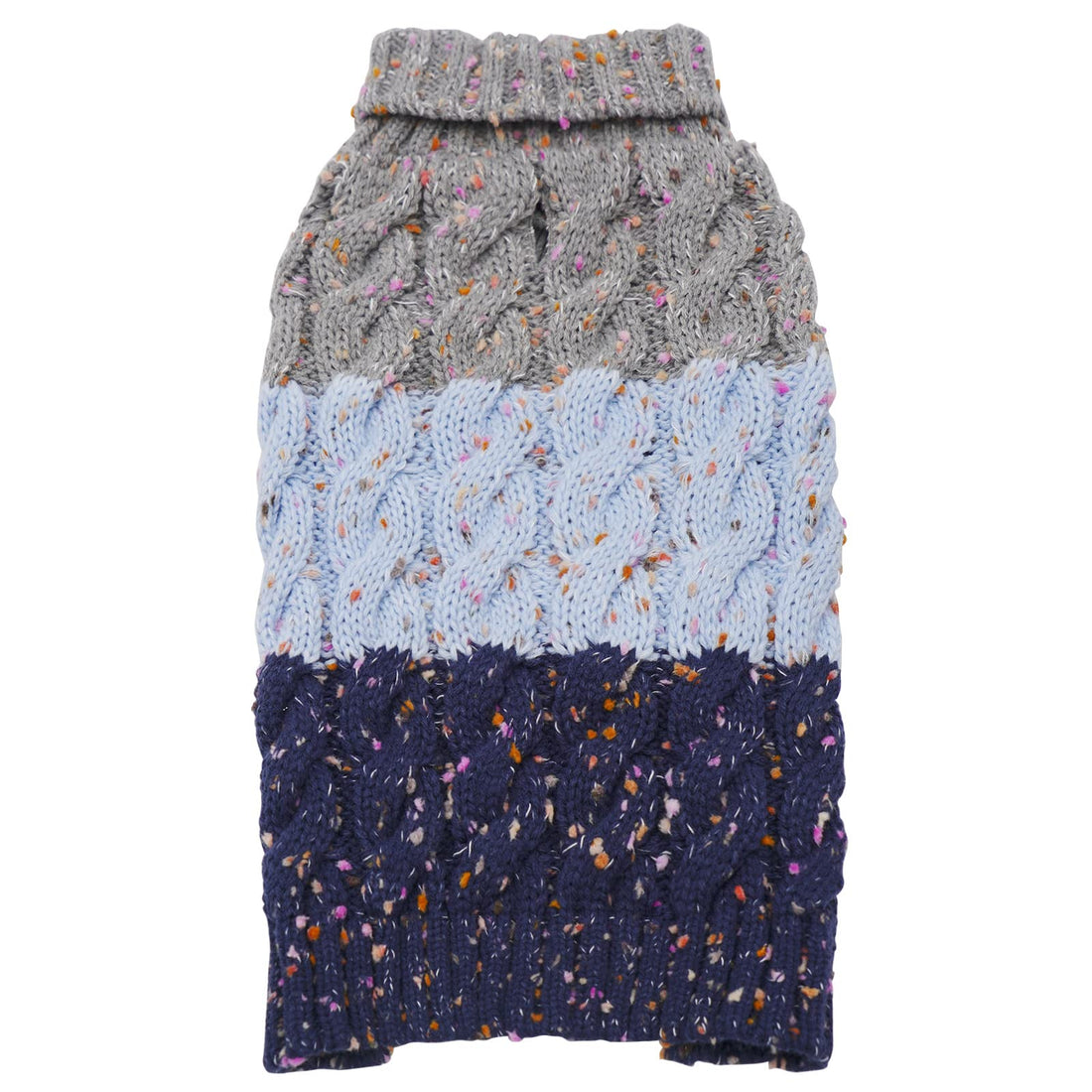 Folded color-block dog sweater with gray upper, light blue knit, and navy speckled bottom