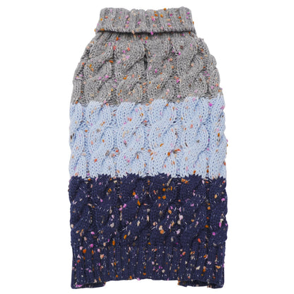Folded color-block dog sweater with gray upper, light blue knit, and navy speckled bottom