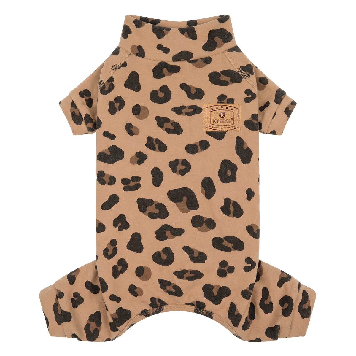 Khaki Leopard Turtleneck Dog Onesie Pajamas, four-leg pajama flat lay