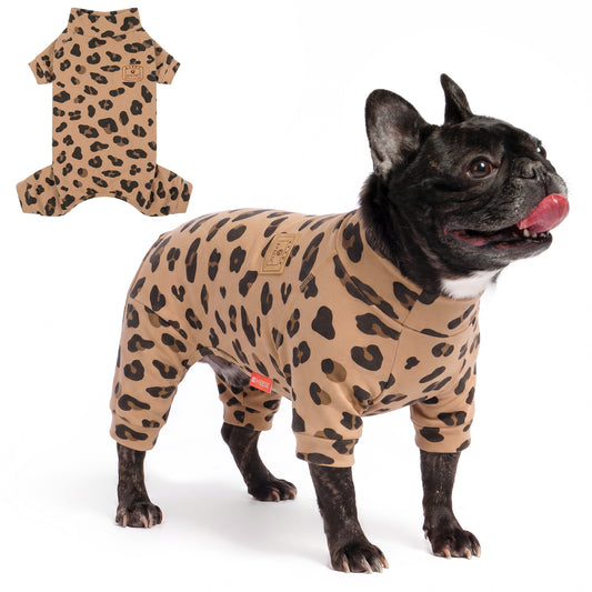 Khaki Leopard Turtleneck Dog Onesie Pajamas, small dog wearing the pajamas beside a flat lay