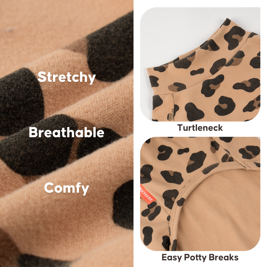 Khaki Leopard Turtleneck Dog Onesie Pajamas, turtleneck, stretchy fabric and potty opening details