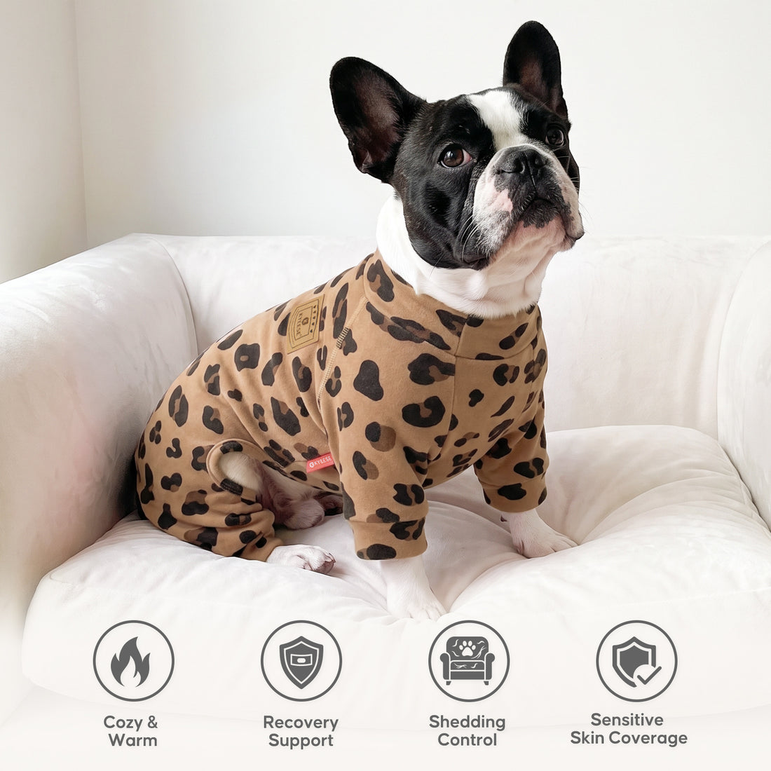 Khaki Leopard Turtleneck Dog Onesie Pajamas, dog wearing the pajamas at home