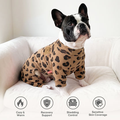 Khaki Leopard Turtleneck Dog Onesie Pajamas, dog wearing the pajamas at home