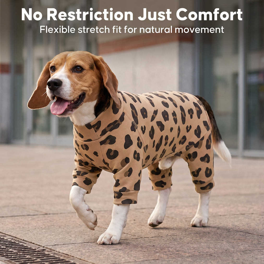 Khaki Leopard Turtleneck Dog Onesie Pajamas, dog walking outdoors in the pajamas