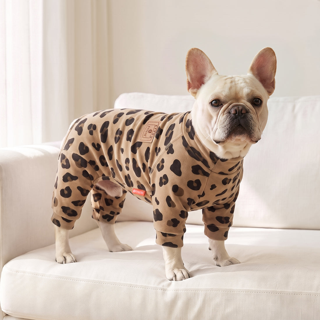 Khaki Leopard Turtleneck Dog Onesie Pajamas, small dog wearing the pajamas indoors