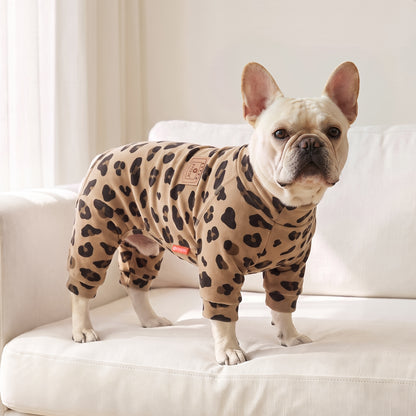 Khaki Leopard Turtleneck Dog Onesie Pajamas, small dog wearing the pajamas indoors