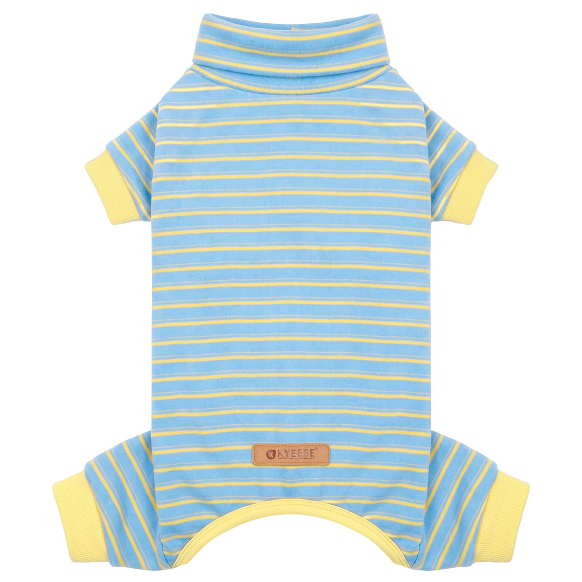 Light blue striped dog pajamas with yellow cuffs and high neck, laid flat
