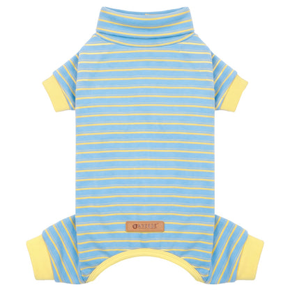 Light blue striped dog pajamas with yellow cuffs and high neck, laid flat
