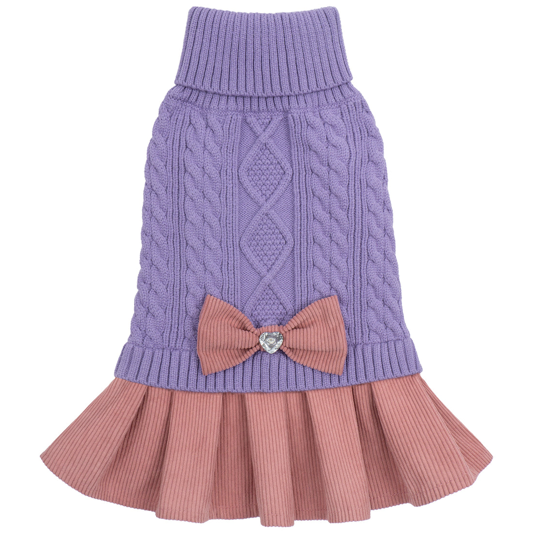 Light purple cable knit dog sweater dress with pink pleated skirt and jeweled bow, flat lay