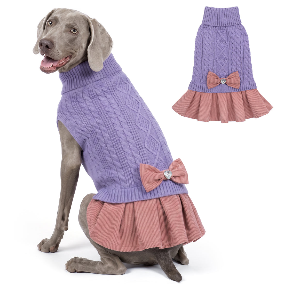 Gray dog seated in a light purple sweater dress with pink pleated skirt and bow