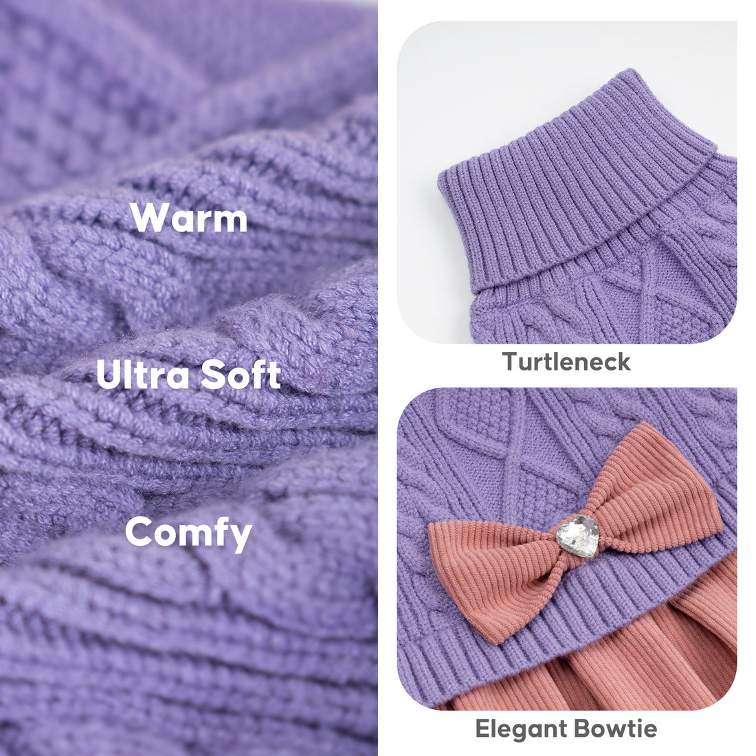 Light purple knit fabric, ribbed turtleneck and pink bow with jeweled center, detail collage