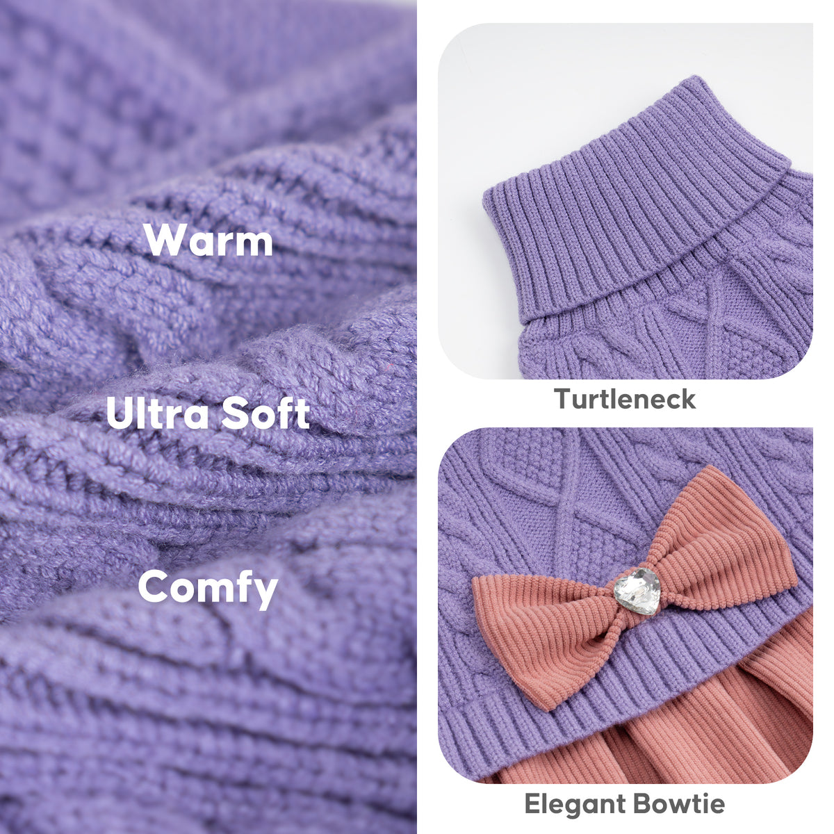 Light purple knit fabric, ribbed turtleneck and pink bow with jeweled center, detail collage