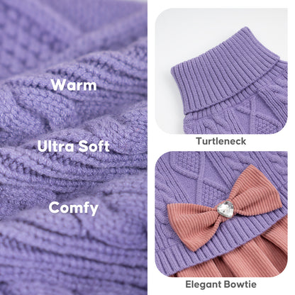 Light purple knit fabric, ribbed turtleneck and pink bow with jeweled center, detail collage