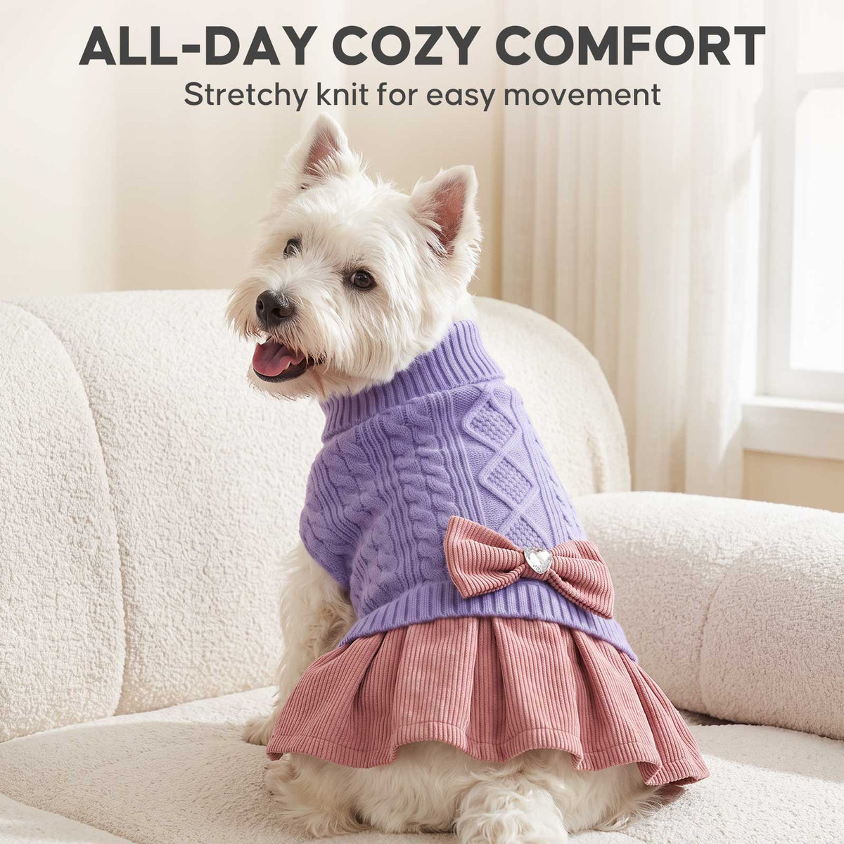 White dog in a light purple knit dress with pink pleated skirt, seated on sofa