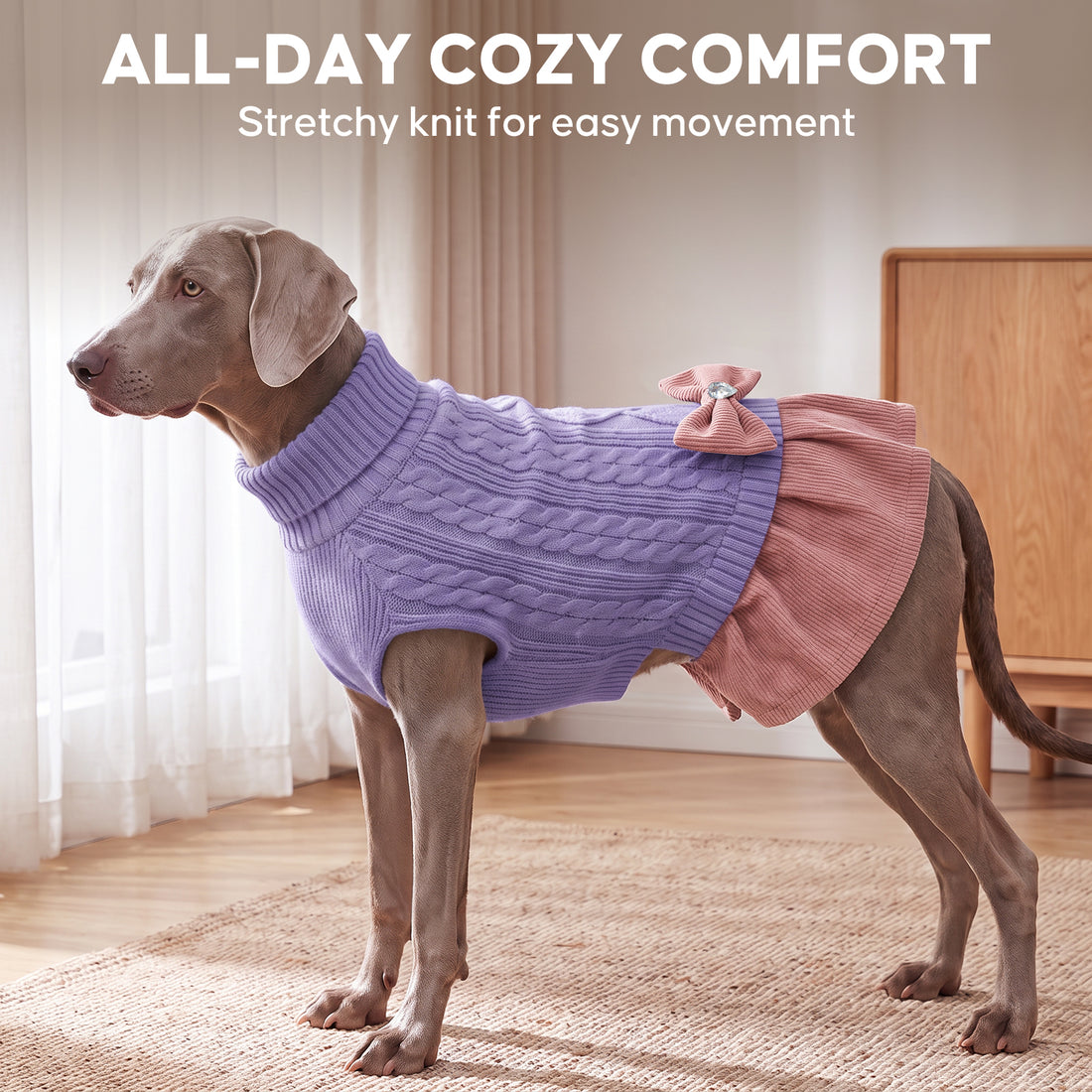Light purple turtleneck dog sweater dress on a gray dog, side view indoors