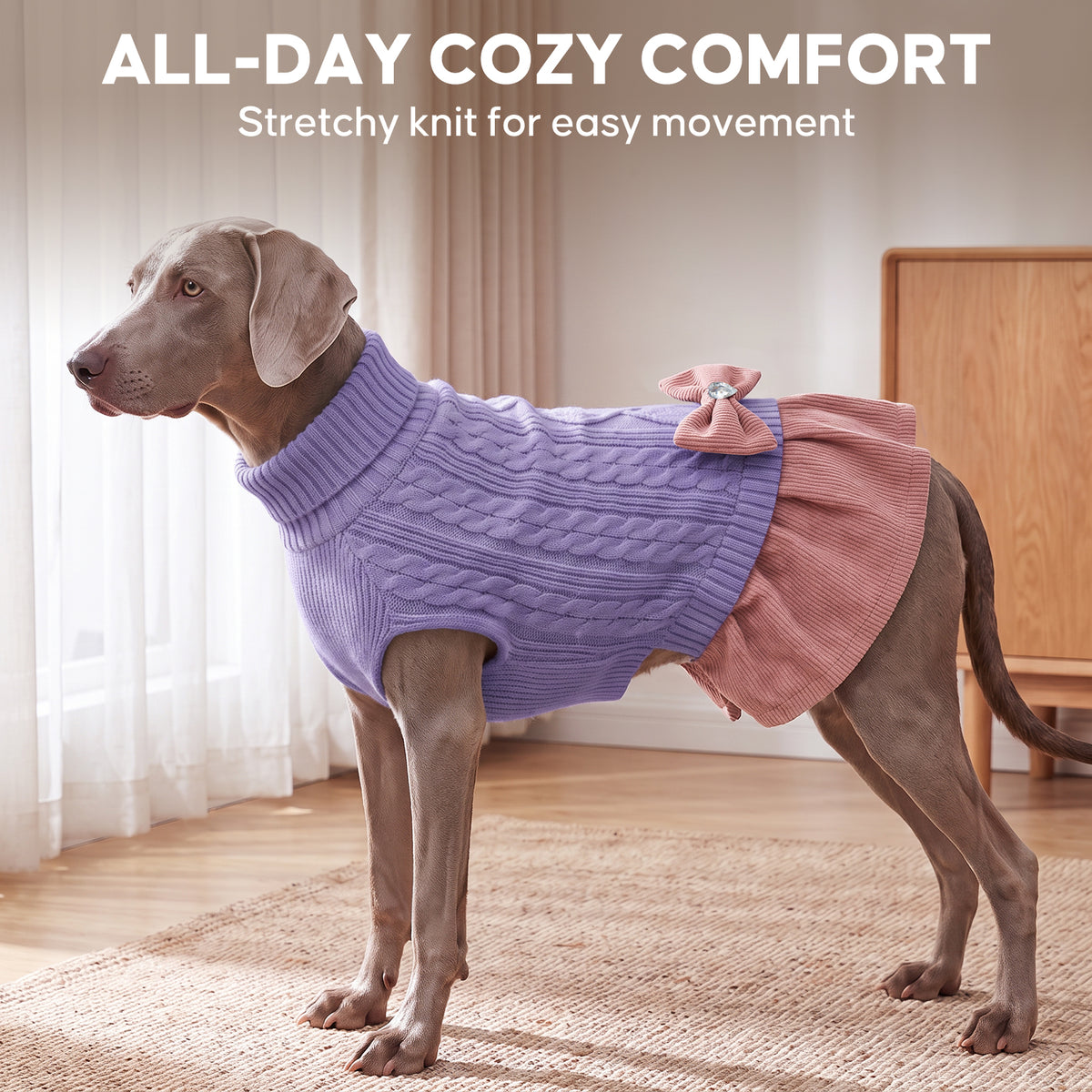 Light purple turtleneck dog sweater dress on a gray dog, side view indoors
