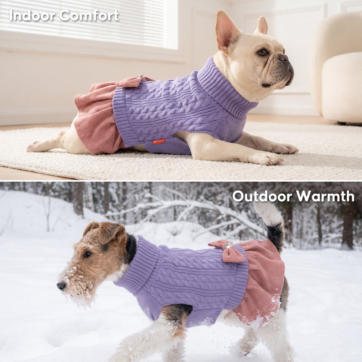 Two views of dogs wearing light purple knit dresses indoors and outdoors in snow