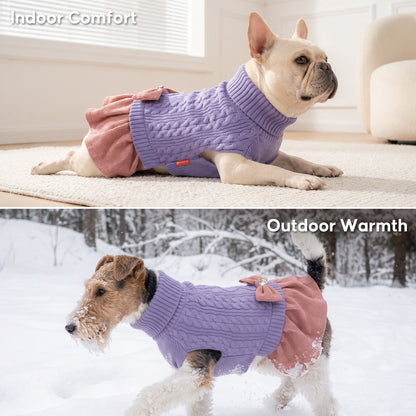 Two views of dogs wearing light purple knit dresses indoors and outdoors in snow