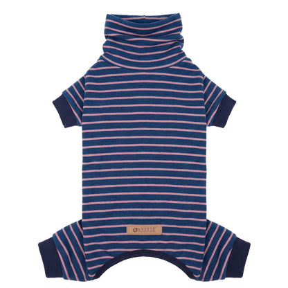Navy Blue Striped Dog Onesie Pajamas - product flat lay