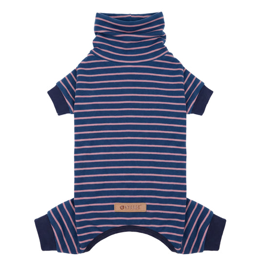 Navy blue dog onesie pajamas with pink stripes and high neck, laid flat on white