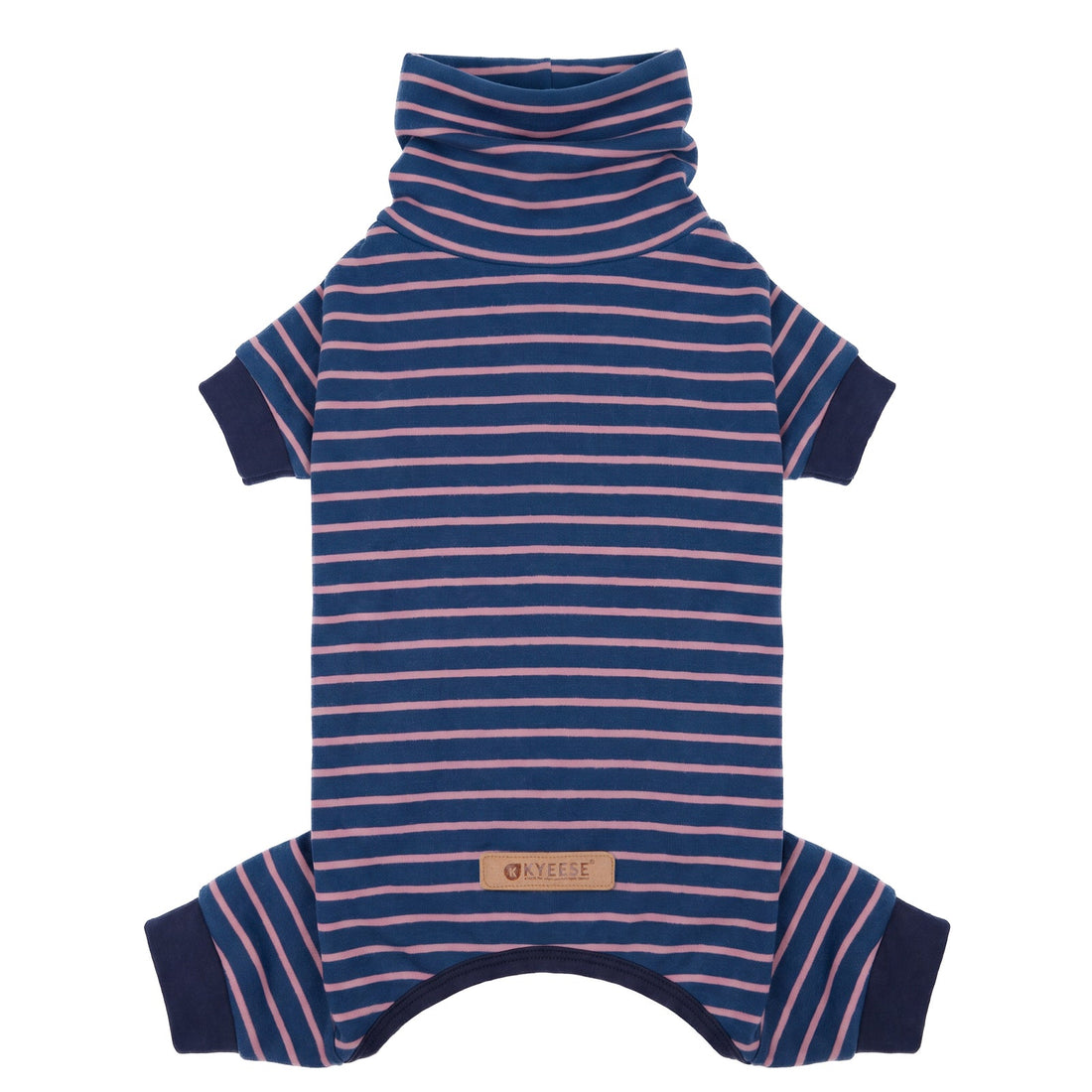 Navy blue dog onesie pajamas with pink stripes and high neck, laid flat on white