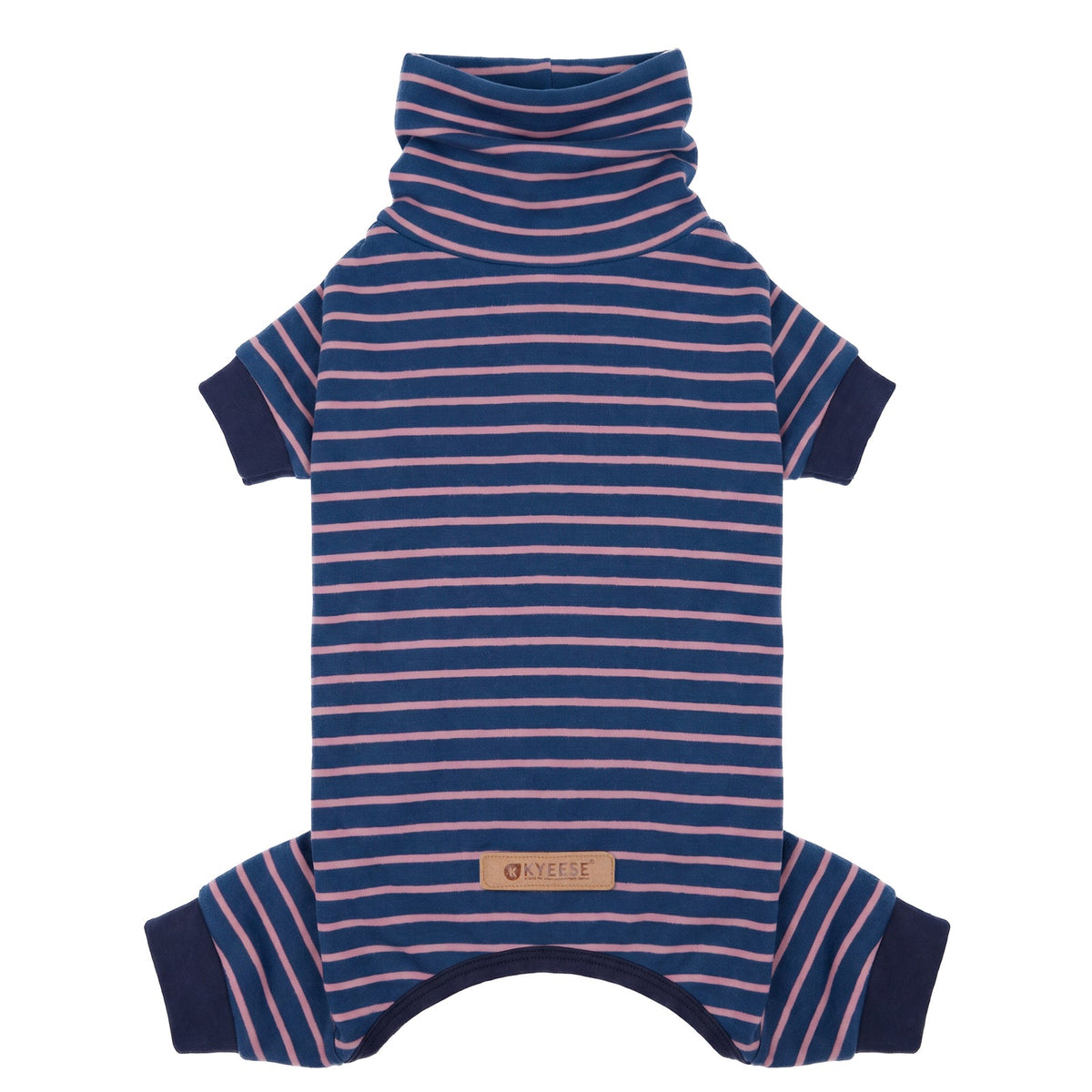 Navy blue dog onesie pajamas with pink stripes and high neck, laid flat on white