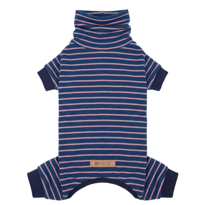 Navy blue dog onesie pajamas with pink stripes and high neck, laid flat on white