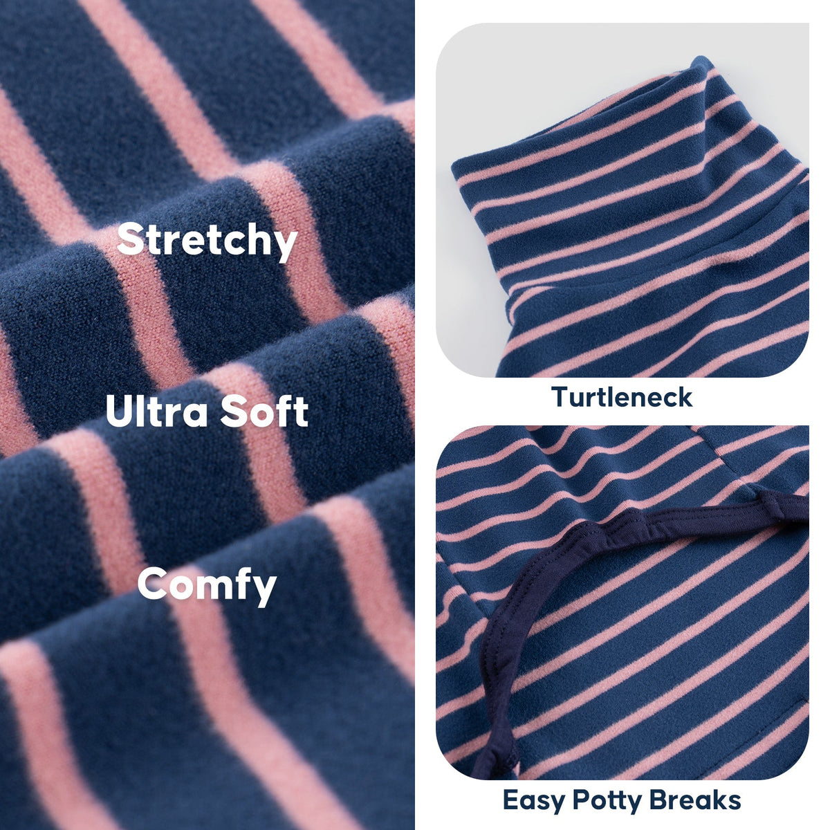 Gray dog sitting outdoors in navy and pink striped turtleneck pajamas