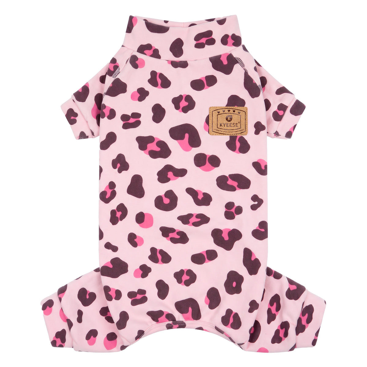 Pink Leopard Turtleneck Dog Onesie Pajamas, four-leg pajama flat lay