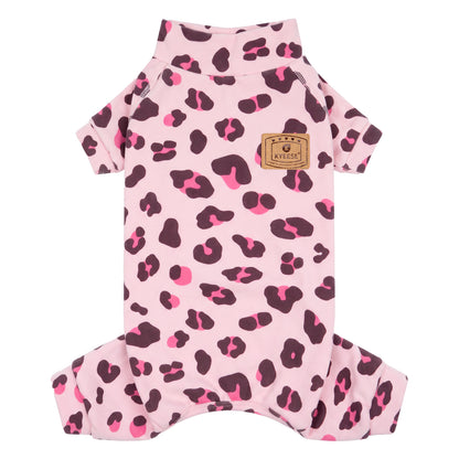 Pink Leopard Turtleneck Dog Onesie Pajamas, four-leg pajama flat lay