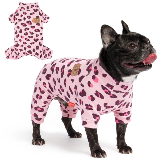 Pink Leopard Turtleneck Dog Onesie Pajamas, small dog wearing the pajamas beside a flat lay